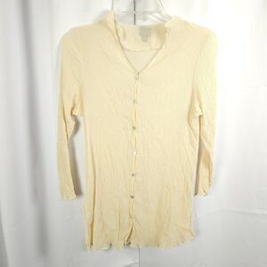 Eileen Fisher Womens Large Beige Cream 100% Silk V-Neck Button Up Shirt Blouse